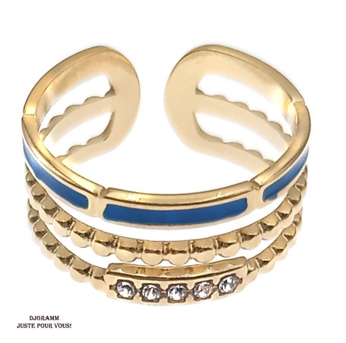 Bague-acier-ajustable-doré-multi-rangs-bleu