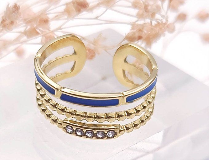 Bague-acier-ajustable-doré-multi-rangs-bleu