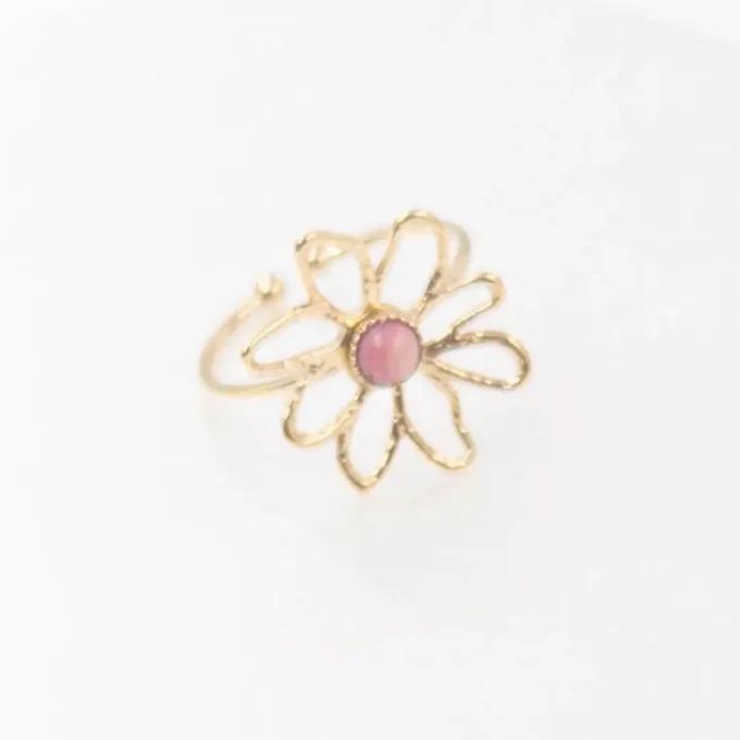 Bague pour femme en forme de fleur, ajustable, en acier doré avec pierre rose centrale – bijou éléga
