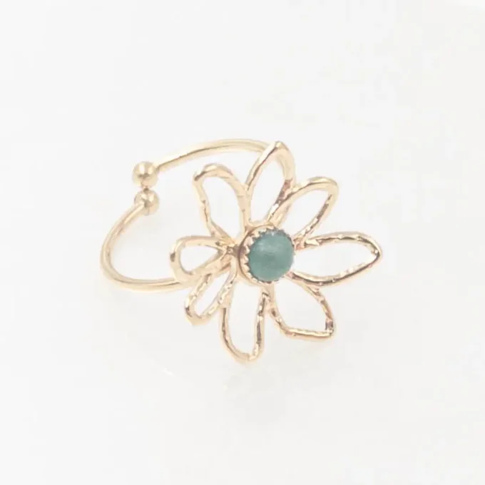 Bague pour femme en forme de fleur, ajustable, en acier doré avec pierre rose centrale – bijou éléga