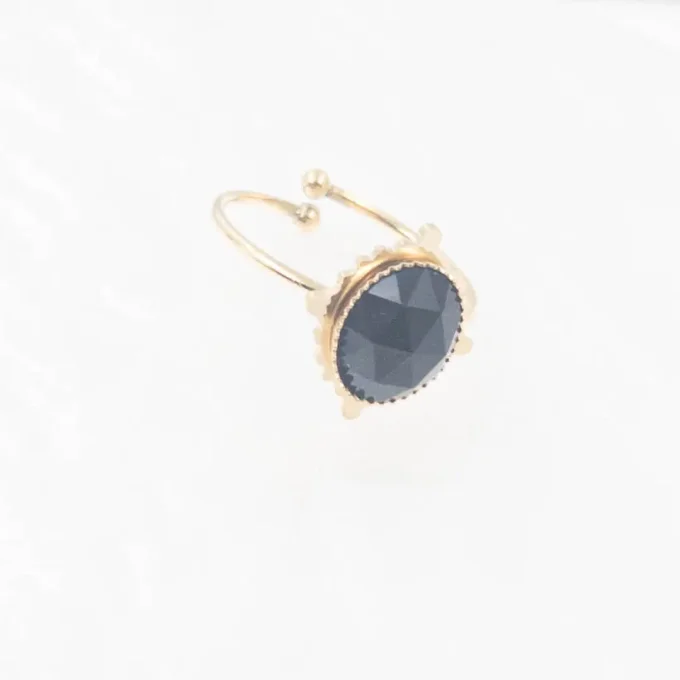 Bague en acier ajustable pierre agate noire