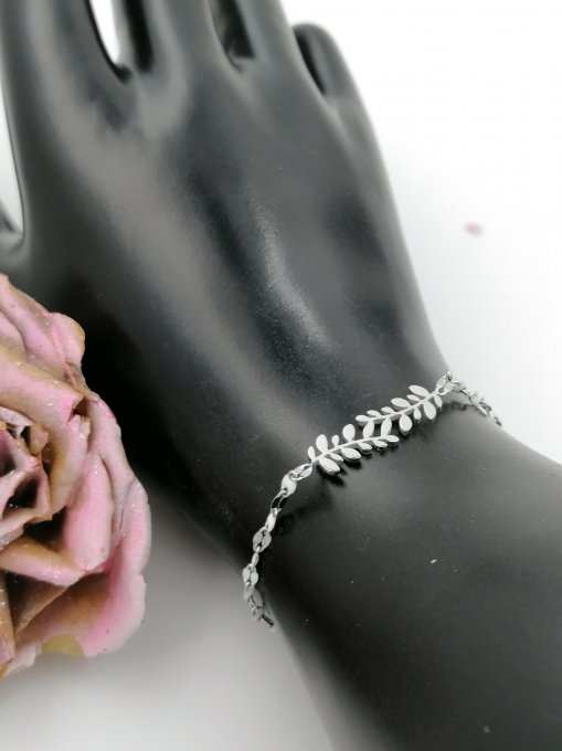 Bracelet en acier inoxydable perles blanches et feuilles