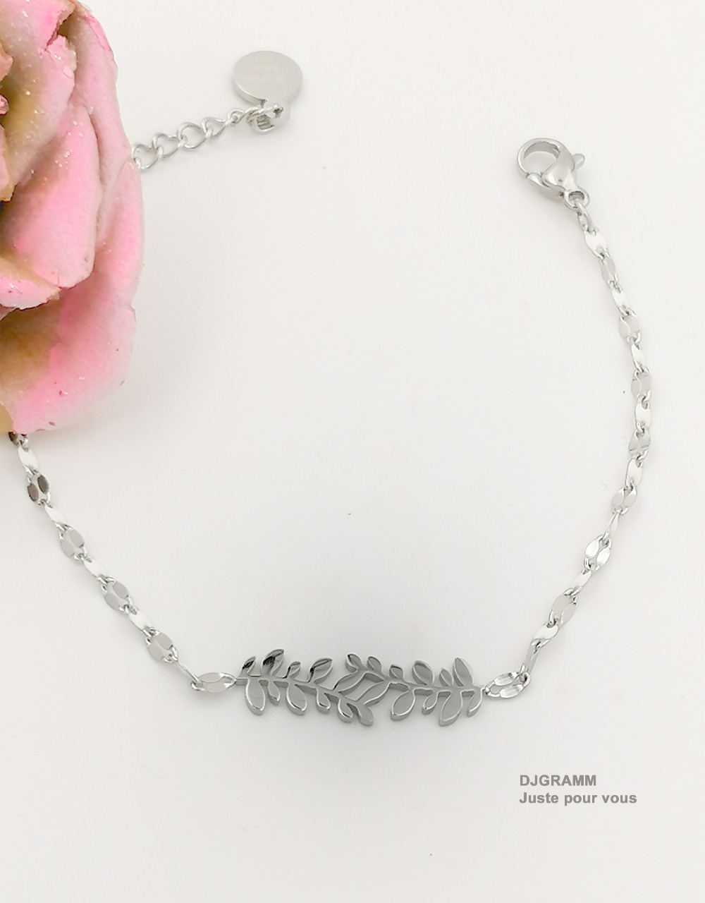 Bracelet en acier inoxydable perles blanches et feuilles