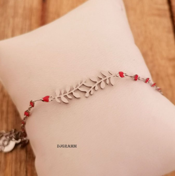 Bracelet en acier inoxydable perles rouges et feuilles 