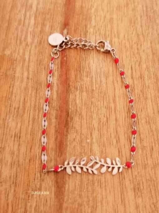 Bracelet en acier inoxydable perles rouges et feuilles 