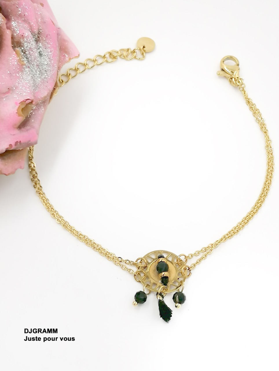 Bracelet en acier inoxydable style attrape rêve perles et pompon noirs