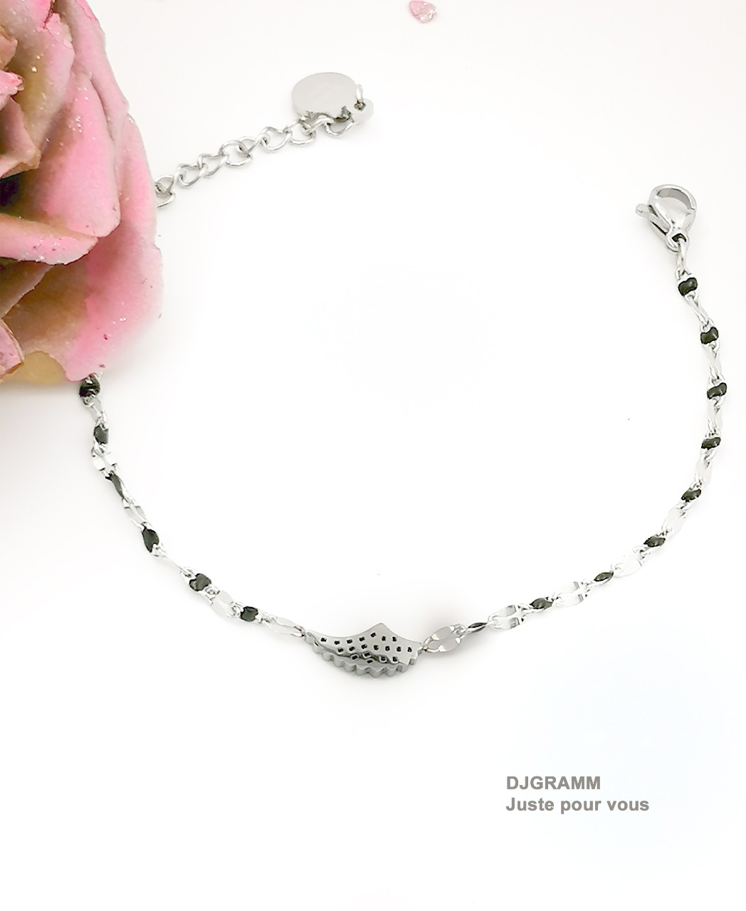 Bracelet en acier inoxydable perles noires et aile d'ange