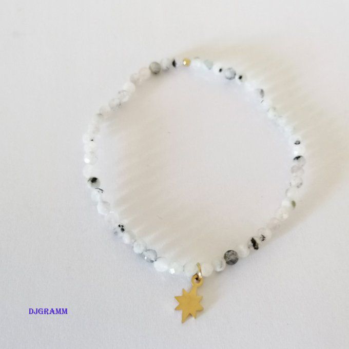 bracelet,pierre,acier,etoile dorée,lune,blanc