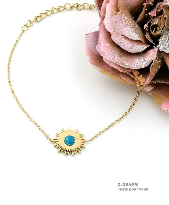 Bracelet-acier-pierre-turquoise-bleu-soleil-medaille-pendentif