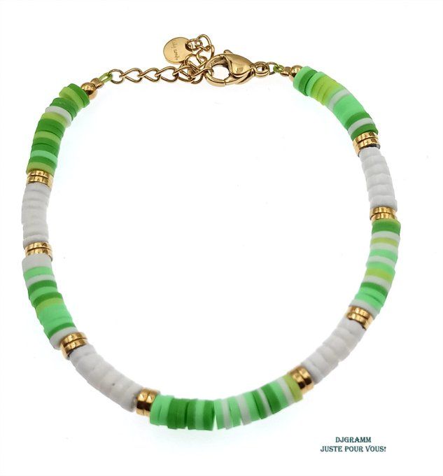 Bracelet-acier-heishi-argile-polymere-vert-blanc