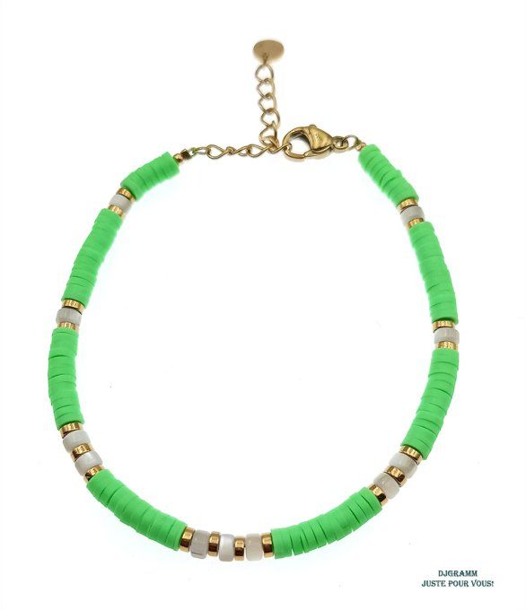 Bracelet-acier-heishi-argile-polymere-vert-blanc