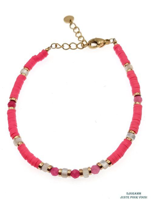 Bracelet-acier-heishi-argile-polymere-rose-fushia