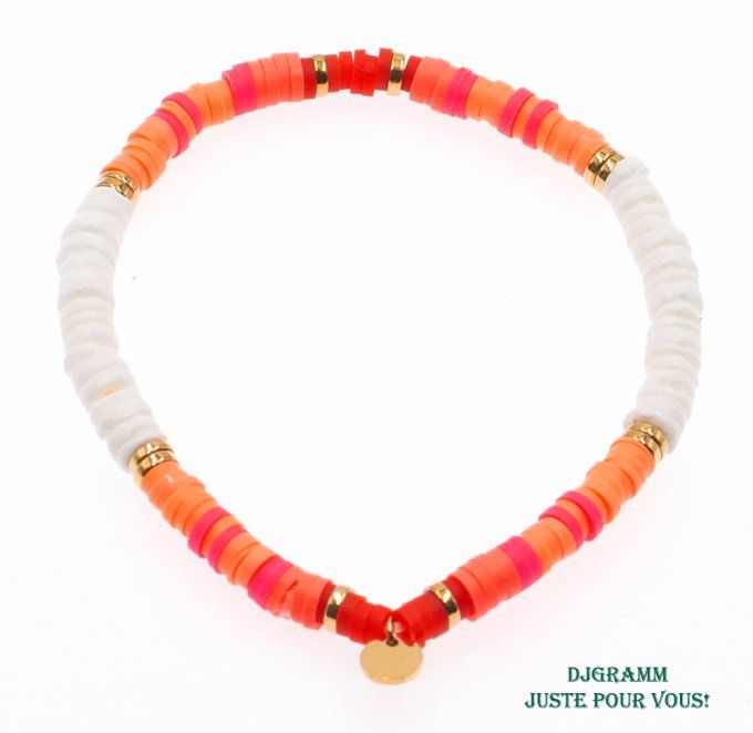 Bracelet-acier-heishi-argile-polymere-orange-fushia-rose-blanc