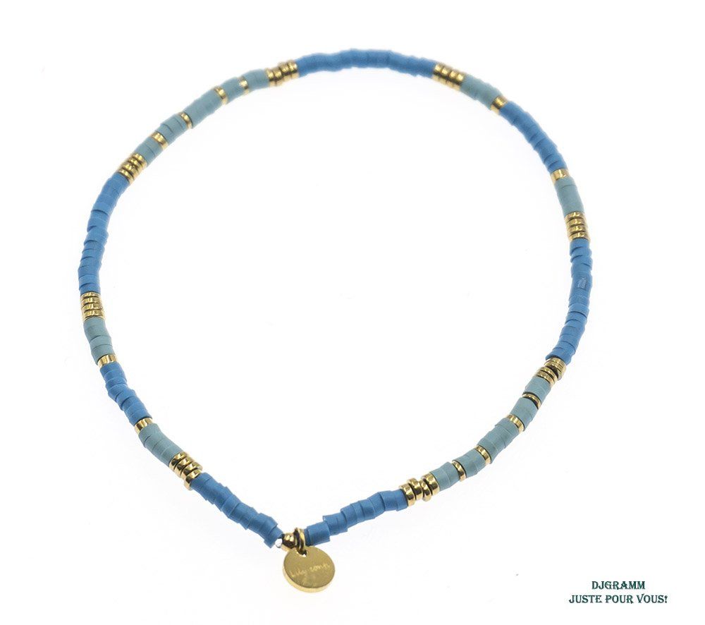 Bracelet en acier perles heishi bleues, bleu opale