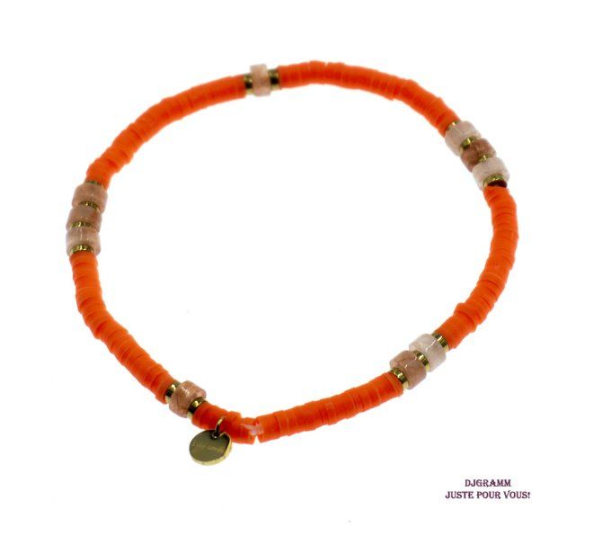 Bracelet-acier-heishi-argile-polymere-orange-rose