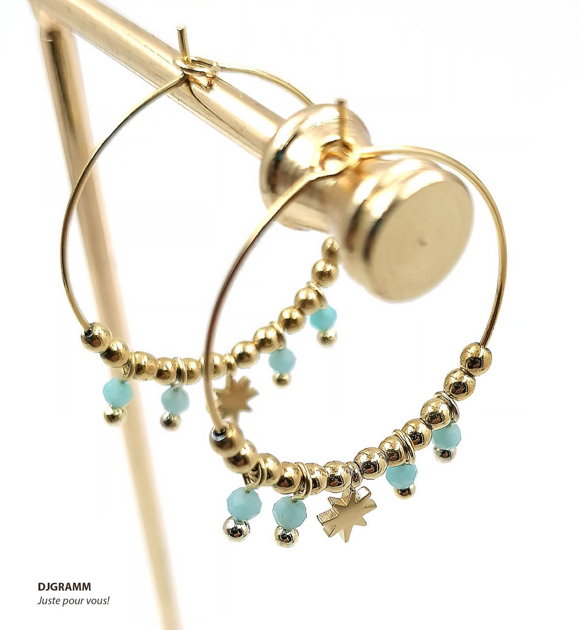 Boucles d'oreilles en acier inoxydable pampille étoile et petites pierres turquoises bleues