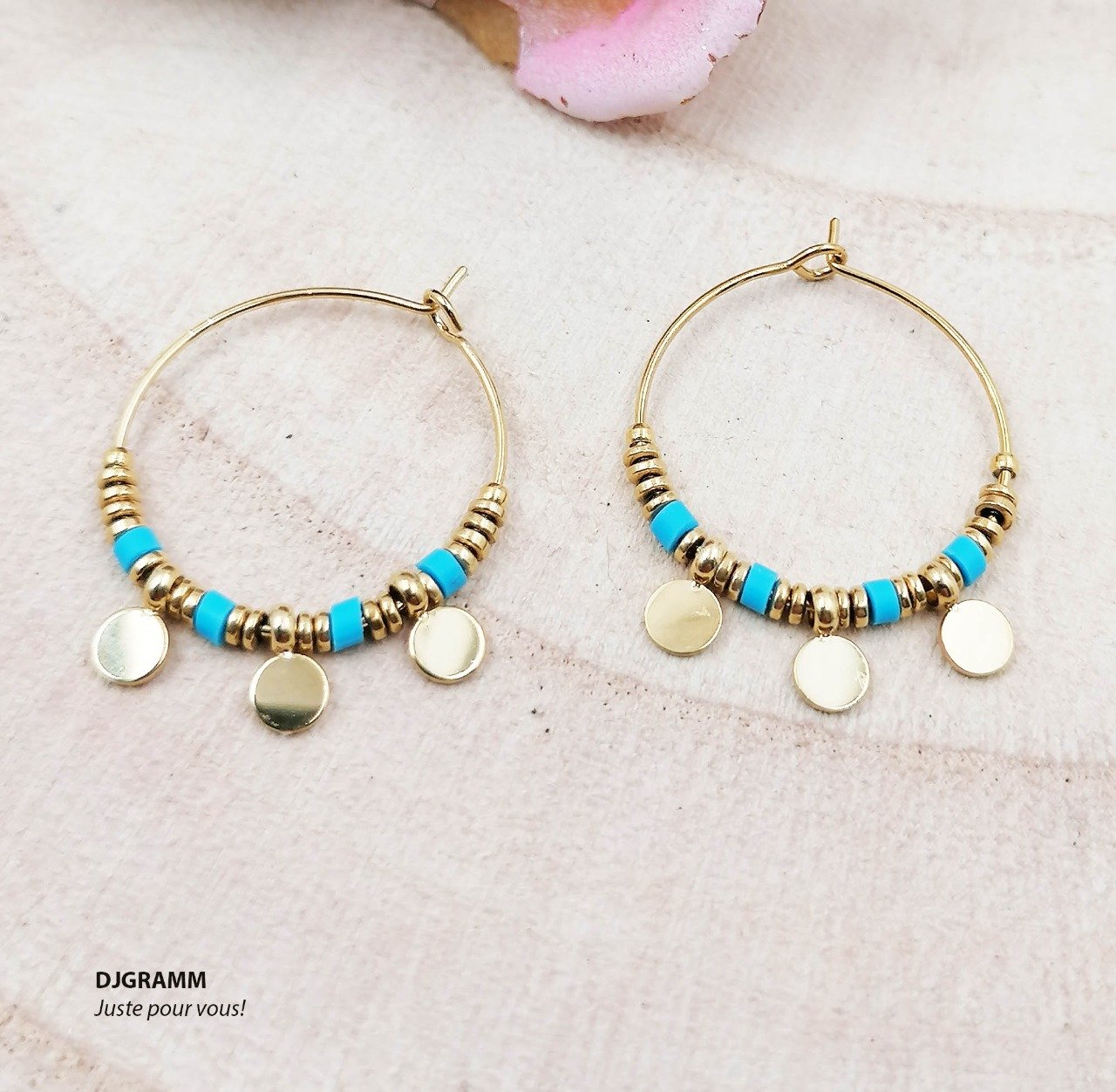 Boucles d'oreilles en acier inoxydable pampilles dorées, petits anneaux dorés et bleus turquoises