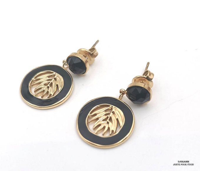 Boucles-oreilles-acier-dore-arbre de vie-email-noir