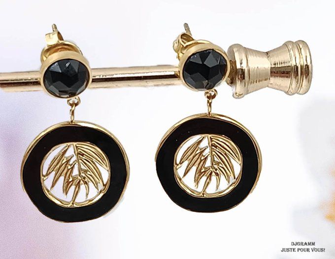 Boucles-oreilles-acier-dore-arbre de vie-email-noir