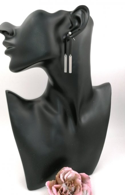 Boucles d'oreilles en acier inoxydable argenté  noir