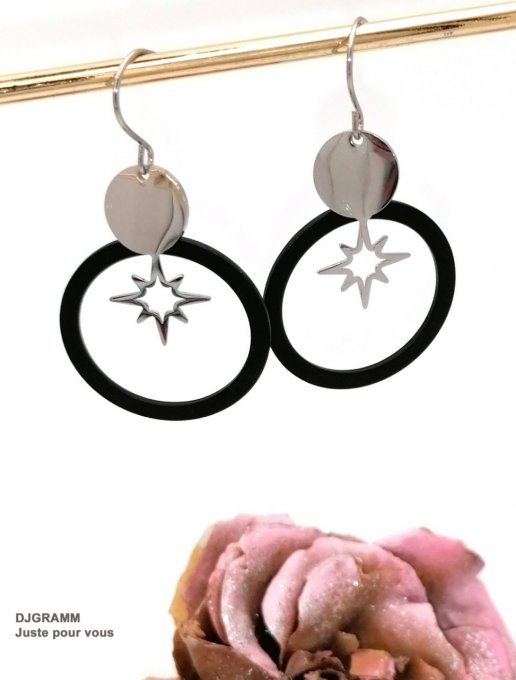 Boucles-oreilles-acier-argente-anneaux-noir