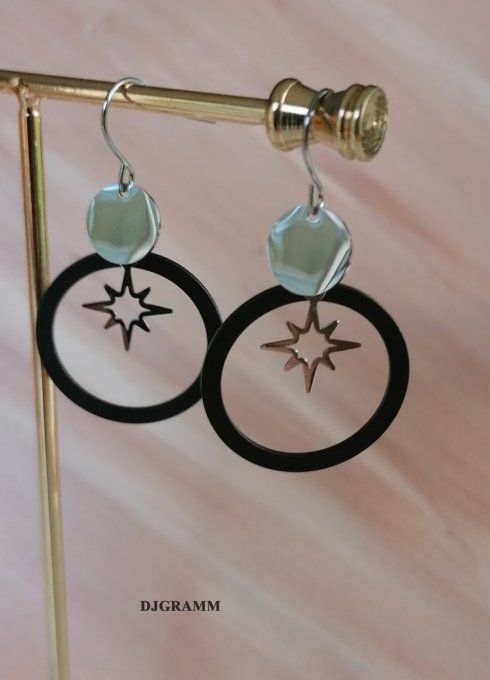 Boucles-oreilles-acier-pendantes-noir-rond-etoile