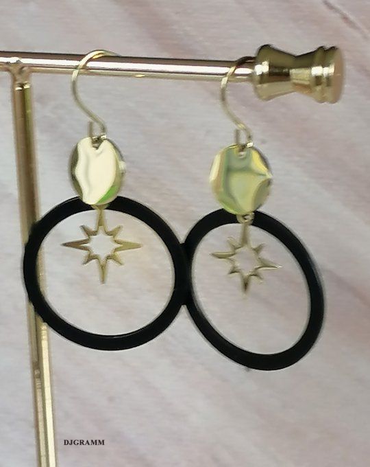 Boucles d'oreilles en acier inoxydable étoiles dorées cercle noir