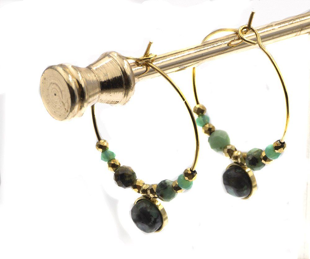 Boucles d'oreilles en acier inoxydable style créoles perles vertes et pierre jaspe vert
