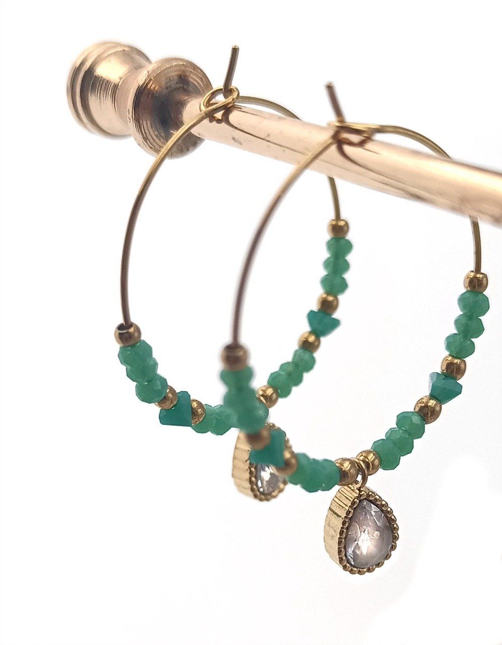 Boucles d'oreilles en acier inoxydable style créoles perles vertes turquoise