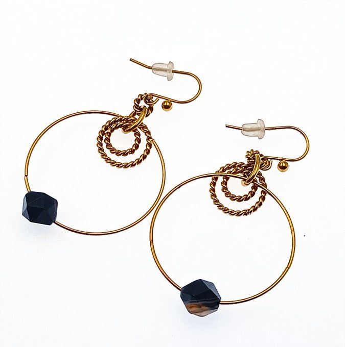 Boucles-oreilles-acier-dore-anneaux-pierre-noir-agate