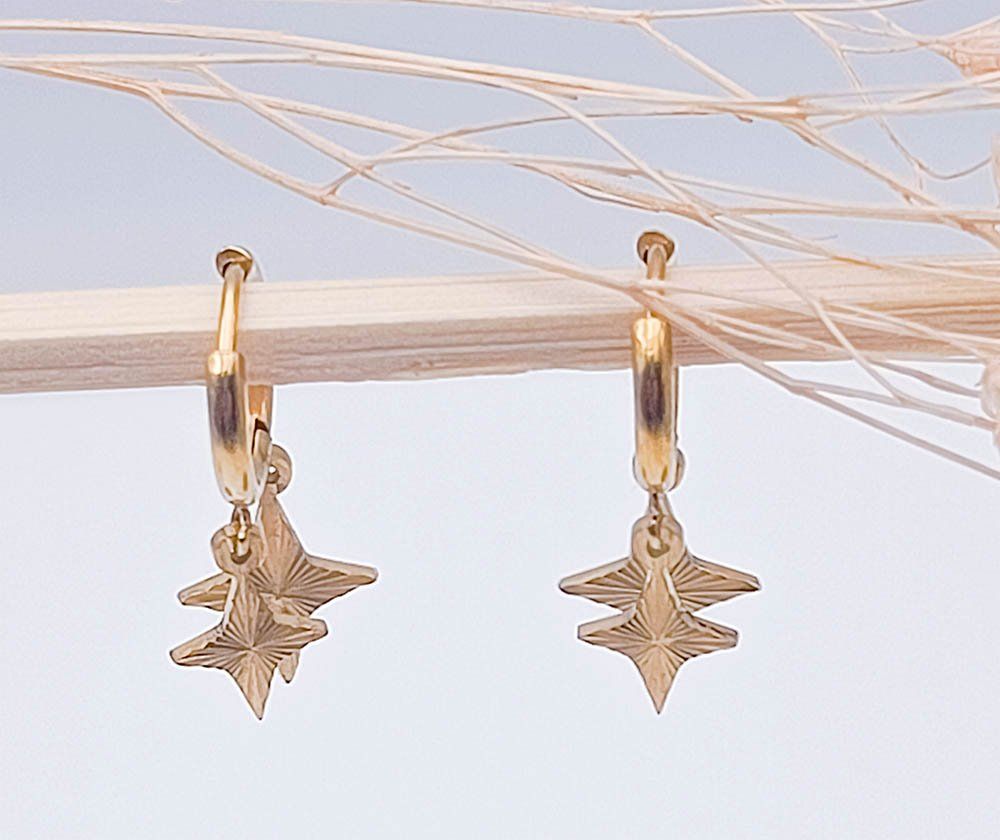 Boucles d'oreilles en acier inoxydable créoles dorées pampilles étoiles