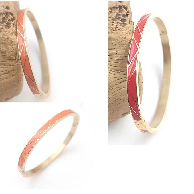 collection jonc en acier inoxydable doré et émaillés couleur orange et rouge