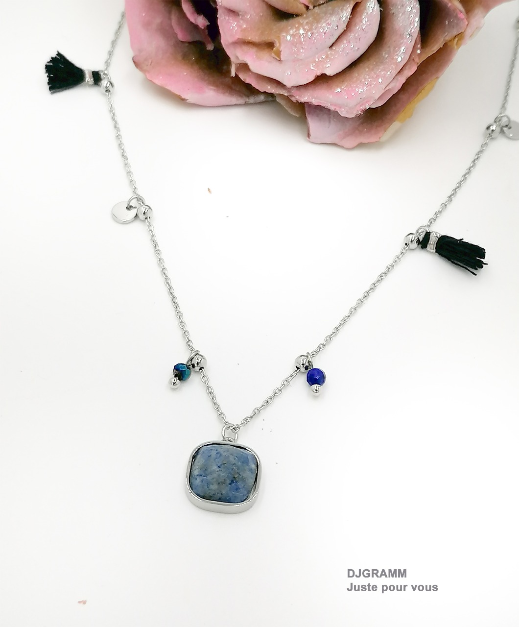 Collier acier pendentif Lapis Lazuli