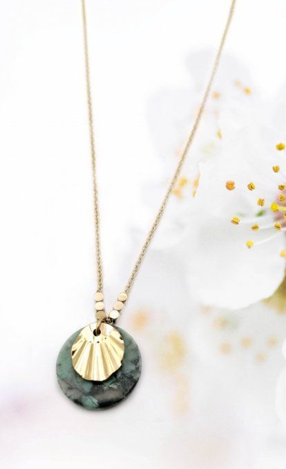 Collier-acier-pendentif-rond-vert-foncé-pierre-naturelle-jaspe-malachite