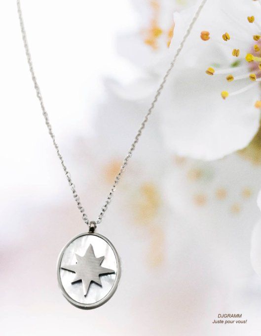 Collier-acier-pendentif-etoile-polaire-argent-nacre-blanc