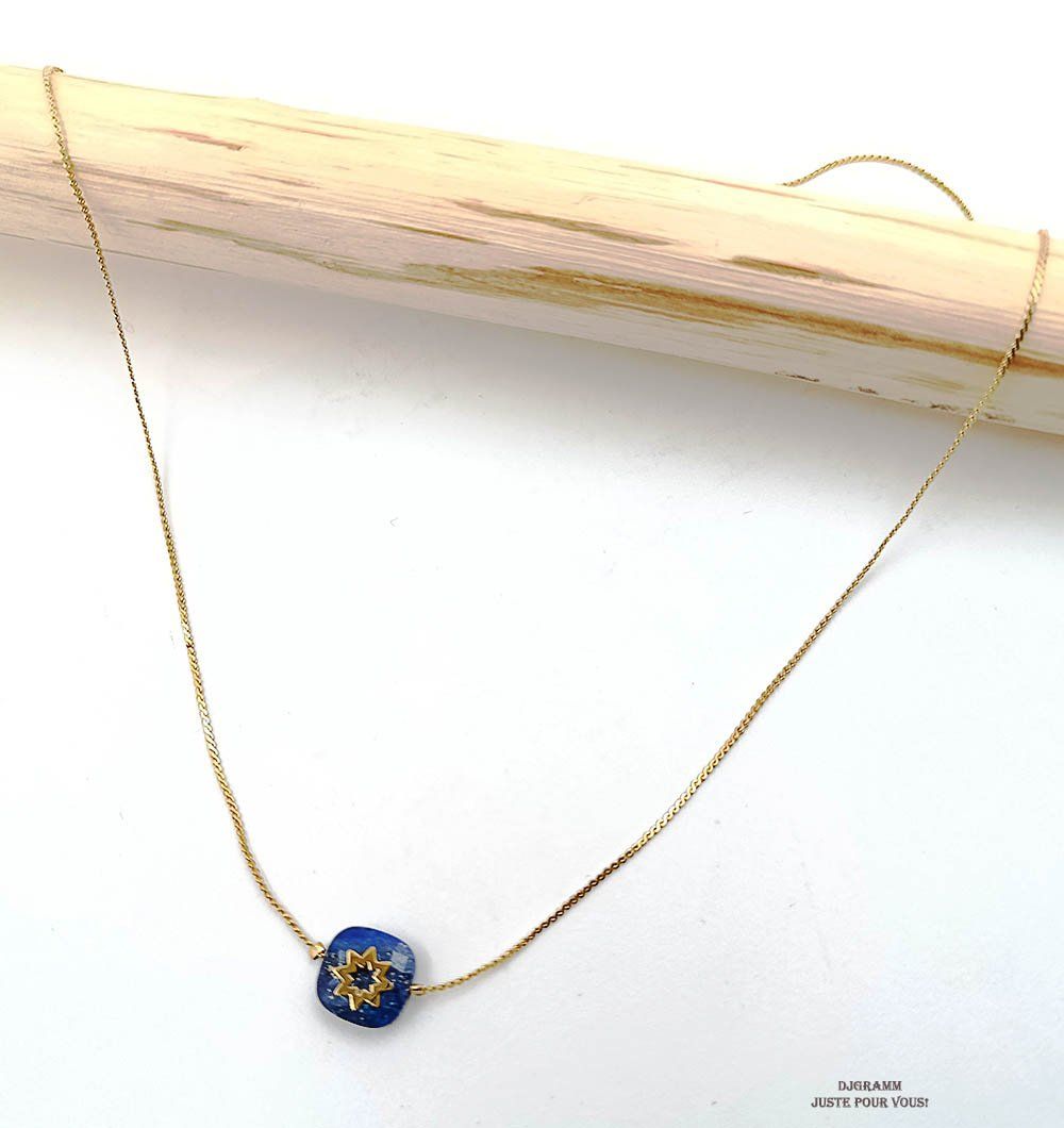 Collier en acier inoxydable  médaille  pierre bleue Lapis lazuli